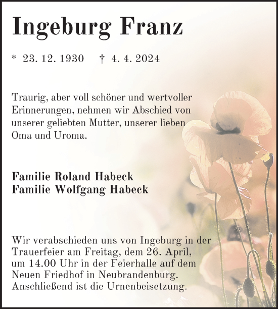 Traueranzeige von Ingeburg Franz von Nordkurier Neubrandenburger Zeitung