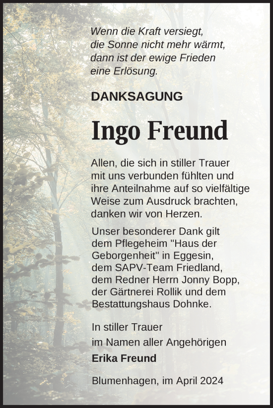 Traueranzeige von Ingo Freund von Nordkurier Pasewalker Zeitung