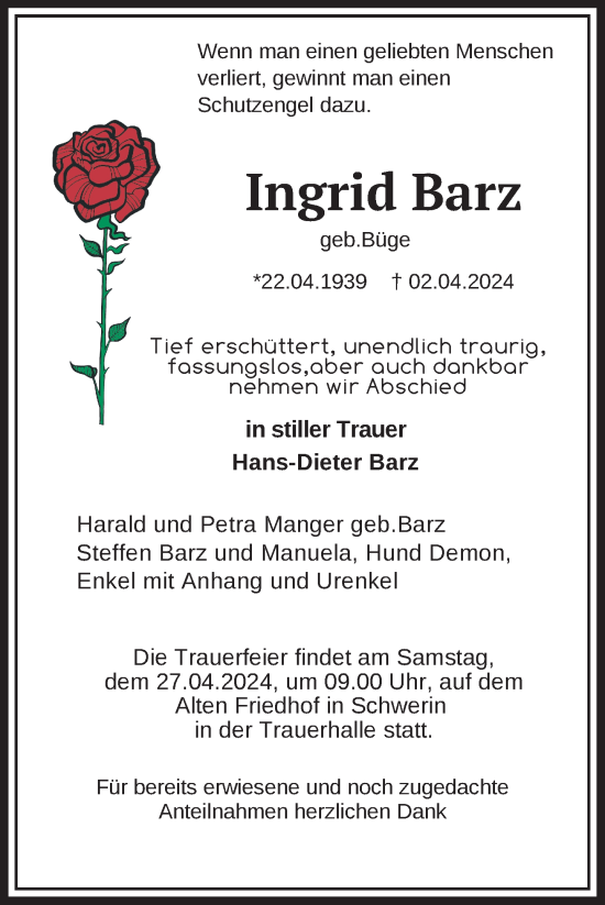 Traueranzeige von Ingrid Barz 