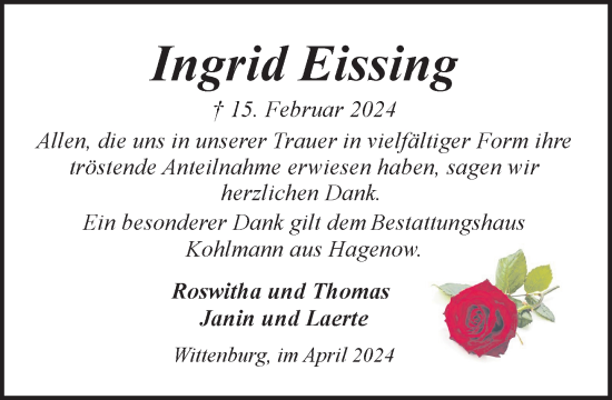 Traueranzeige von Ingrid Eissing 