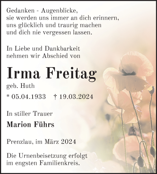 Traueranzeige von Irma Freitag von Uckermark Kurier Prenzlauer Zeitung
