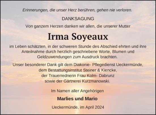 Traueranzeige von Irma Soyeaux von Nordkurier Haff-Zeitung