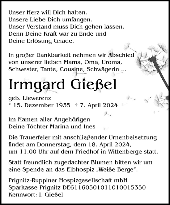 Traueranzeige von Irmgard Gießel 