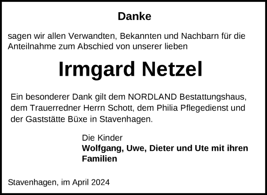 Traueranzeige von Irmgard Netzel von Nordkurier Mecklenburger Schweiz