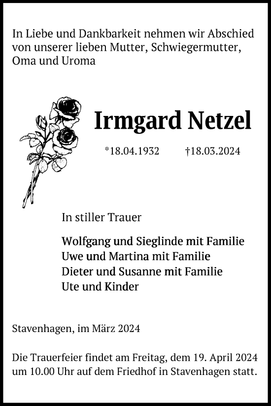 Traueranzeige von Irmgard Netzel von Nordkurier Mecklenburger Schweiz