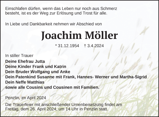 Traueranzeige von Joachim Möller von Nordkurier Müritz-Zeitung