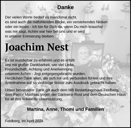 Traueranzeige von Joachim Nest von Nordkurier Strelitzer Zeitung