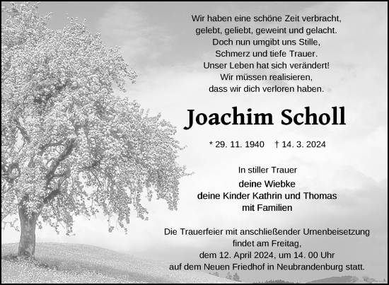 Traueranzeige von Joachim Scholl von Nordkurier Neubrandenburger Zeitung