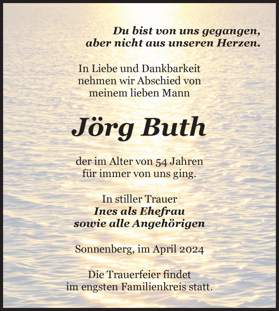  Traueranzeige für Jörg Buth vom 12.04.2024 aus Nordkurier Pasewalker Zeitung