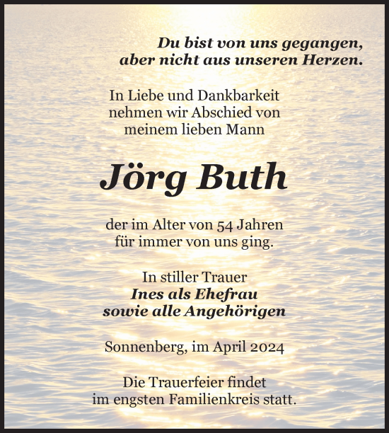 Traueranzeige von Jörg Buth von Nordkurier Pasewalker Zeitung