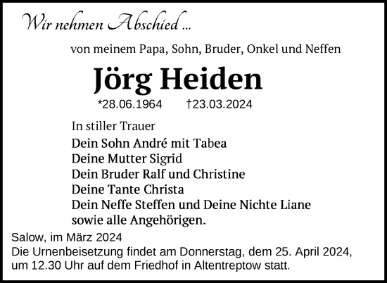 Traueranzeige von Jörg Heiden von Nordkurier Neubrandenburger Zeitung