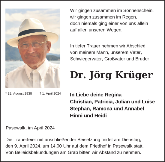 Traueranzeige von Jörg Krüger von Nordkurier Pasewalker Zeitung