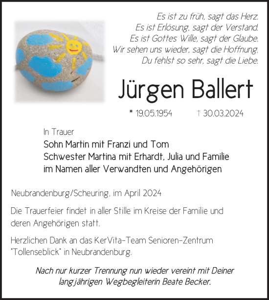 Traueranzeige von Jürgen Ballert von Nordkurier Neubrandenburger Zeitung