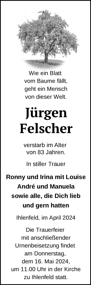Traueranzeige von Jürgen Felscher von Nordkurier Neubrandenburger Zeitung
