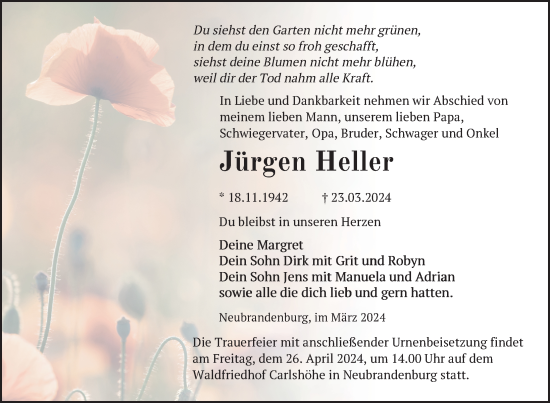 Traueranzeige von Jürgen Heller von Nordkurier Neubrandenburger Zeitung