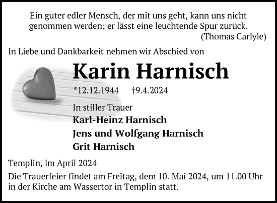 Traueranzeige von Karin Harnisch von Uckermark Kurier Templiner Zeitung