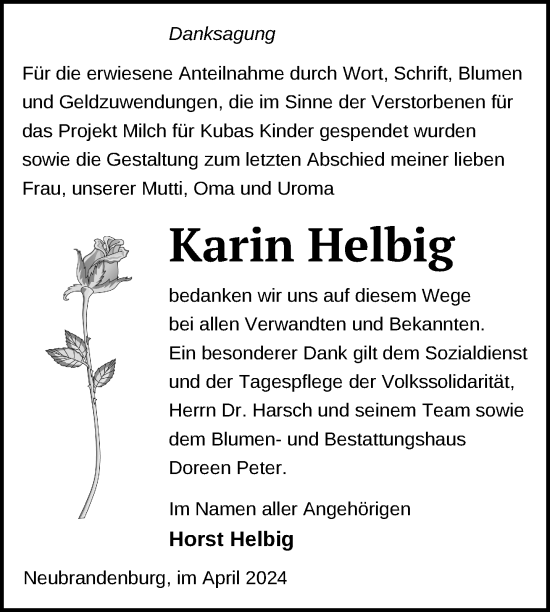 Traueranzeige von Karin Helbig von Nordkurier Neubrandenburger Zeitung