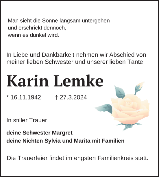 Traueranzeige von Karin Lemke 