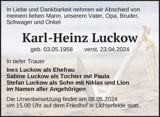 Traueranzeige von Karl-Heinz Luckow von Uckermark Kurier Templiner Zeitung