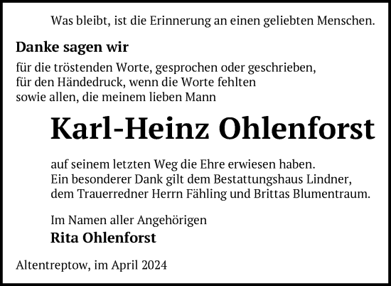 Traueranzeige von Karl-Heinz Ohlenforst von Nordkurier Neubrandenburger Zeitung