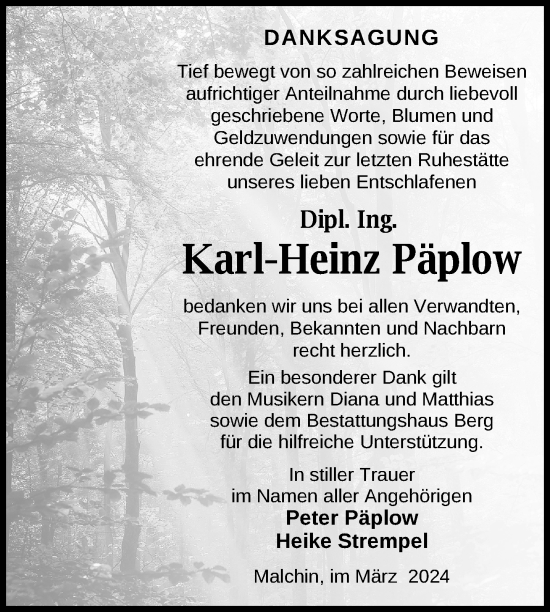 Traueranzeige von Karl-Heinz Päplow von Nordkurier Mecklenburger Schweiz