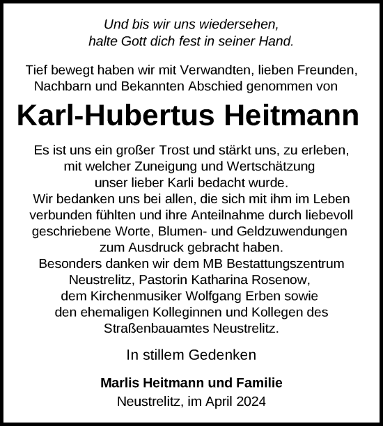 Traueranzeige von Karl-Hubertus Heitmann von Nordkurier Strelitzer Zeitung