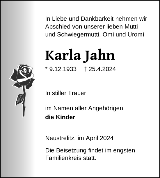 Traueranzeige von Karla Jahn von Nordkurier Strelitzer Zeitung