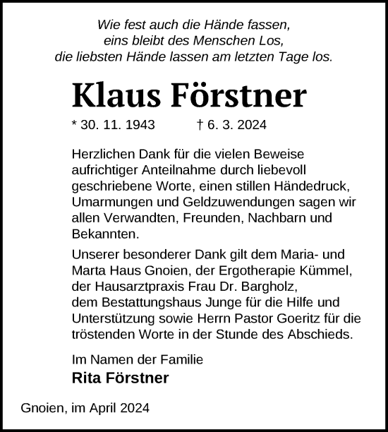 Traueranzeige von Klaus Förstner von Nordkurier Mecklenburger Schweiz