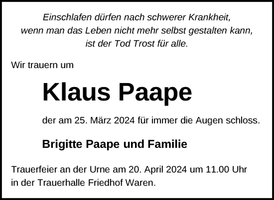 Traueranzeige von Klaus Paape von Nordkurier Müritz-Zeitung