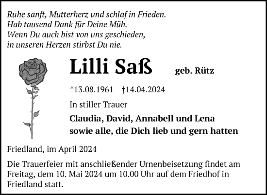 Traueranzeige von Lilli Saß von Nordkurier Neubrandenburger Zeitung