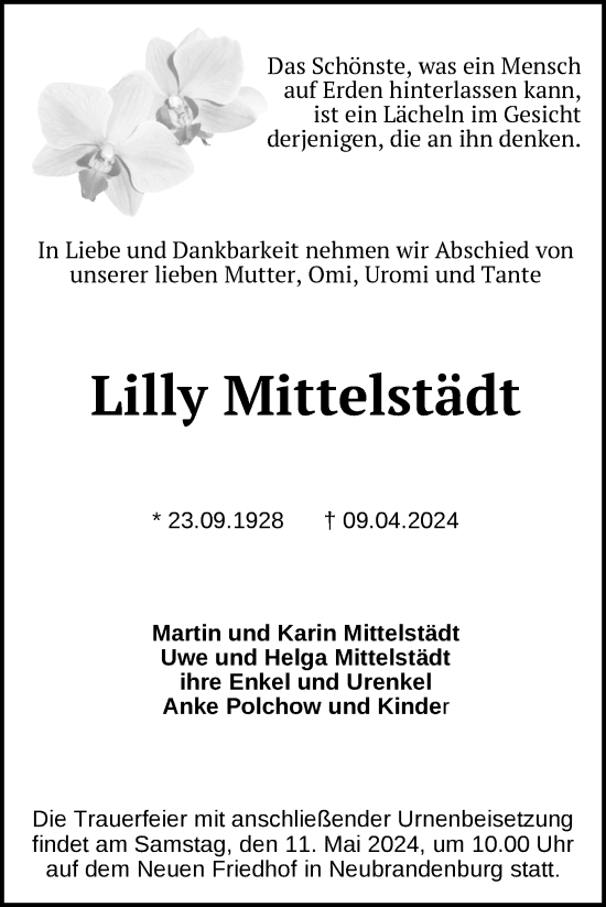 Traueranzeige von Lilly Mittelstädt von Nordkurier Neubrandenburger Zeitung