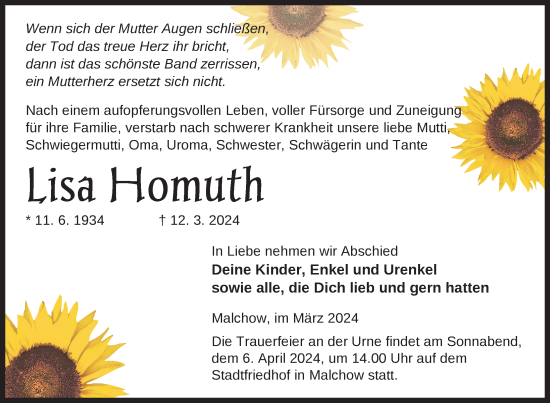 Traueranzeige von Lisa Homuth von Nordkurier Müritz-Zeitung