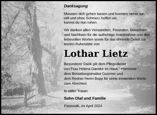 Traueranzeige von Lothar Lietz von Nordkurier Pasewalker Zeitung