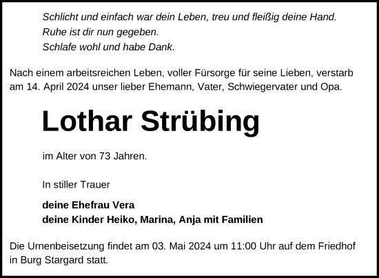 Traueranzeige von Lothar Strübing von Nordkurier Neubrandenburger Zeitung