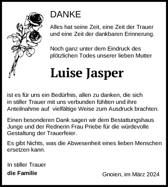 Traueranzeige von Luise Jasper von Nordkurier Mecklenburger Schweiz