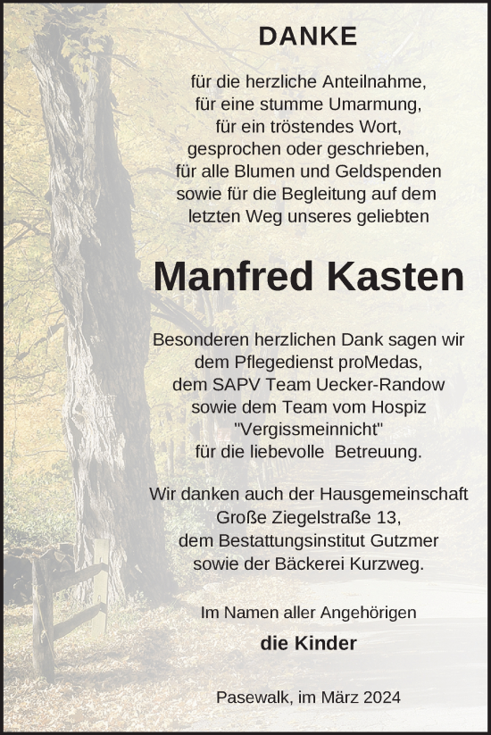 Traueranzeige von Manfred Kasten von Nordkurier Pasewalker Zeitung