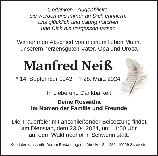 Traueranzeige von Manfred Neiß 