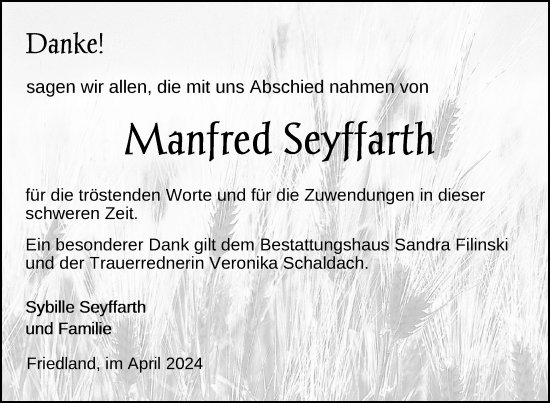 Traueranzeige von Manfred Seyffarth von Nordkurier Neubrandenburger Zeitung