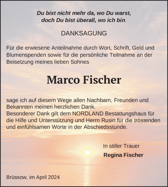 Traueranzeige von Marco Fischer von Uckermark Kurier Prenzlauer Zeitung