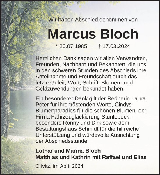 Traueranzeige von Marcus Bloch 