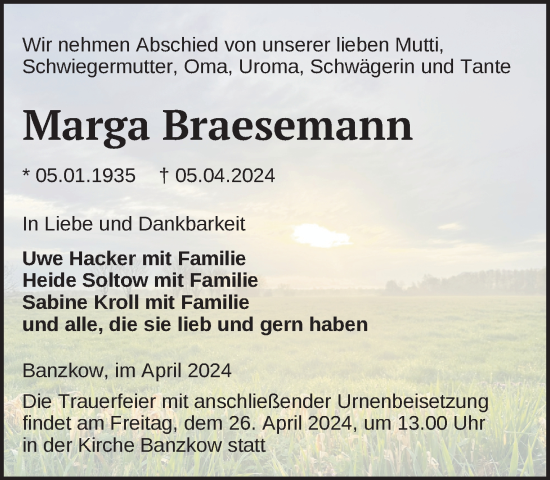 Traueranzeige von Marga Braesemann 