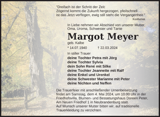 Traueranzeige von Margot Meyer von Nordkurier Neubrandenburger Zeitung