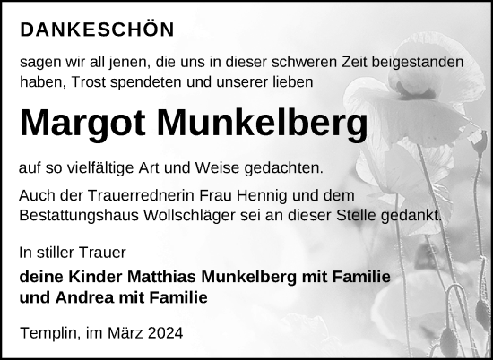 Traueranzeige von Margot Munkelberg von Uckermark Kurier Templiner Zeitung