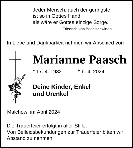 Traueranzeige von Marianne Paasch von Nordkurier Müritz-Zeitung