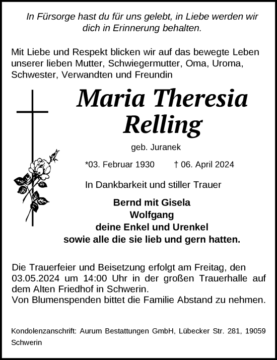 Traueranzeige von Maria Theresia Relling 