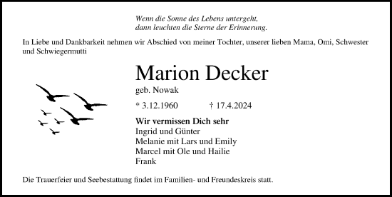 Traueranzeige von Marion Decker 