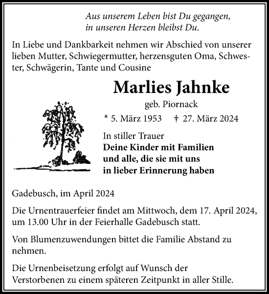 Traueranzeige von Marlies Jahnke 