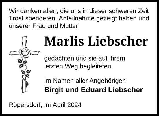 Traueranzeige von Marlis Liebscher von Uckermark Kurier Prenzlauer Zeitung