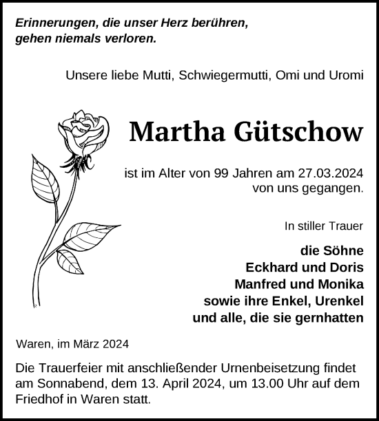 Traueranzeige von Martha Gütschow von Nordkurier Müritz-Zeitung