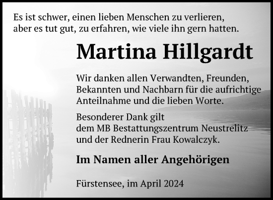 Traueranzeige von Martina Hillgardt von Nordkurier Strelitzer Zeitung